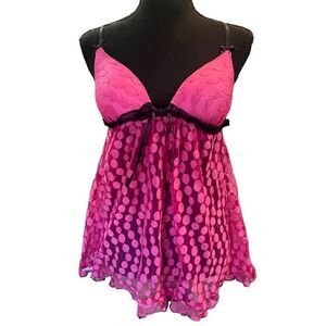 Linea Donatella Womens Soft Cup Pink Polka Dot Lace Trim Slip Chemise Sz Medium